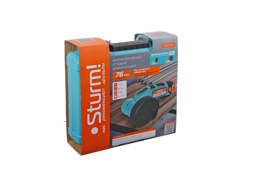 УШМ аккумуляторная Sturm!, 12В, 1BatterySystem12V, 76мм, 1×2.0Ач, ЗУ, кейс